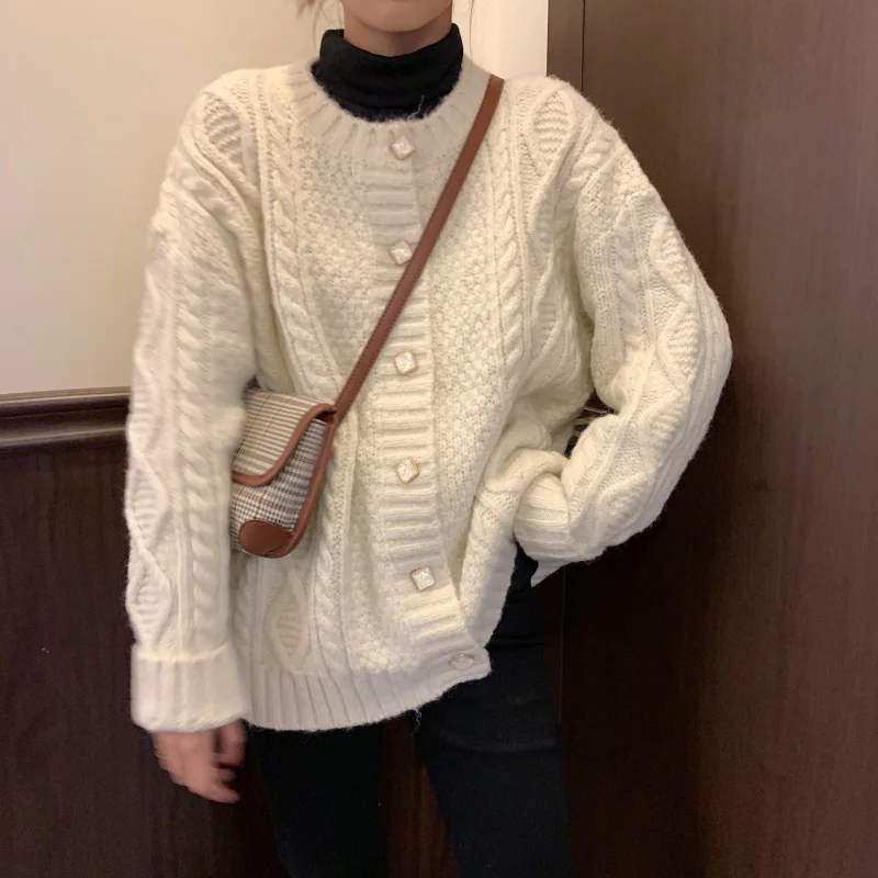 

Sweater Female Autumn Winter 2021 New Loose Outer Sweater Twist Knitted Cardigan Coat