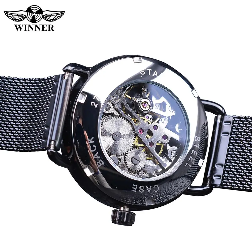 Часы наручные Winner Мужские механические простые тонкие с сетчатым браслетом из