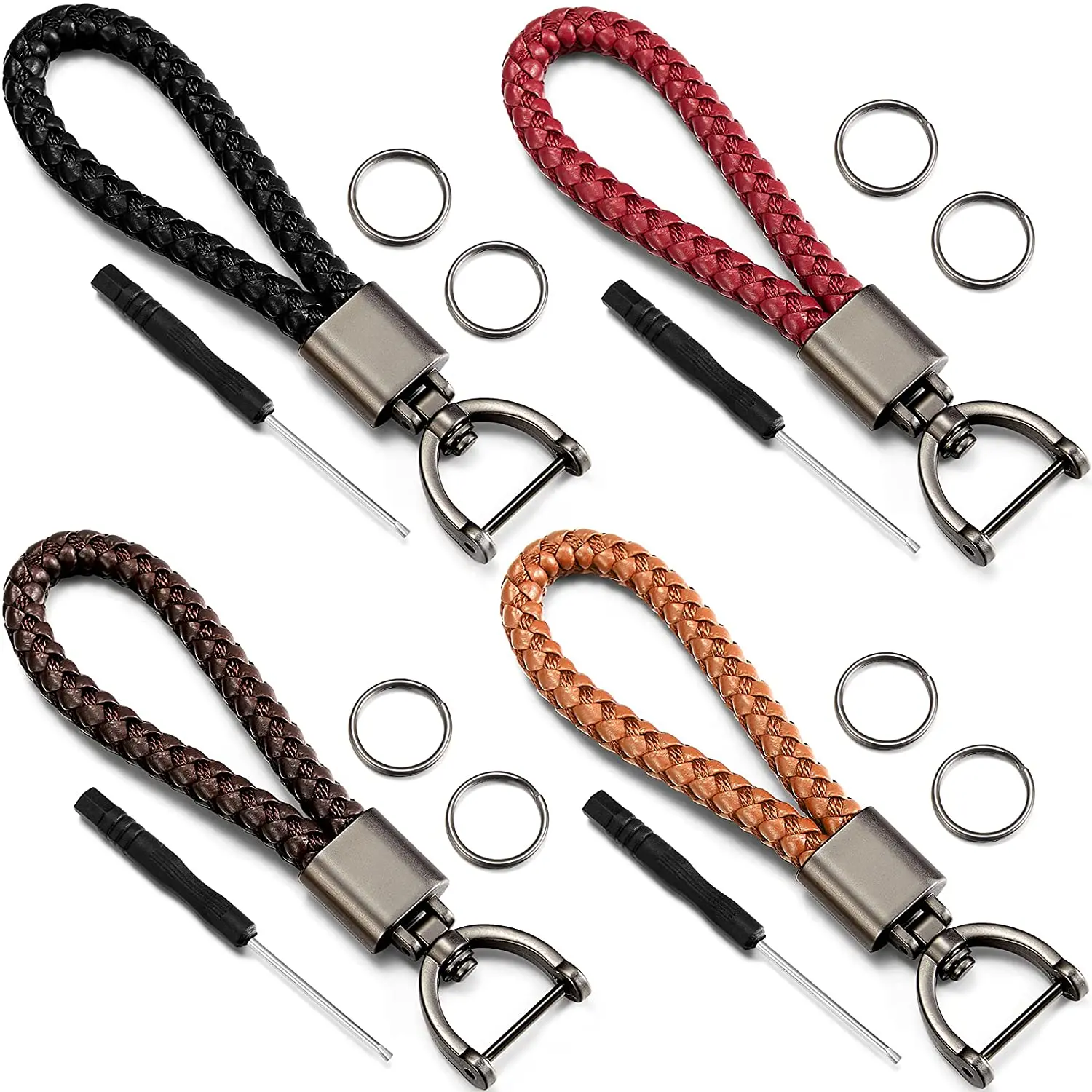 

4 Pieces Woven Car Fob Key Chain Braided Leather Key Rings Multifunctional Keyand Screwdriver for Men Women