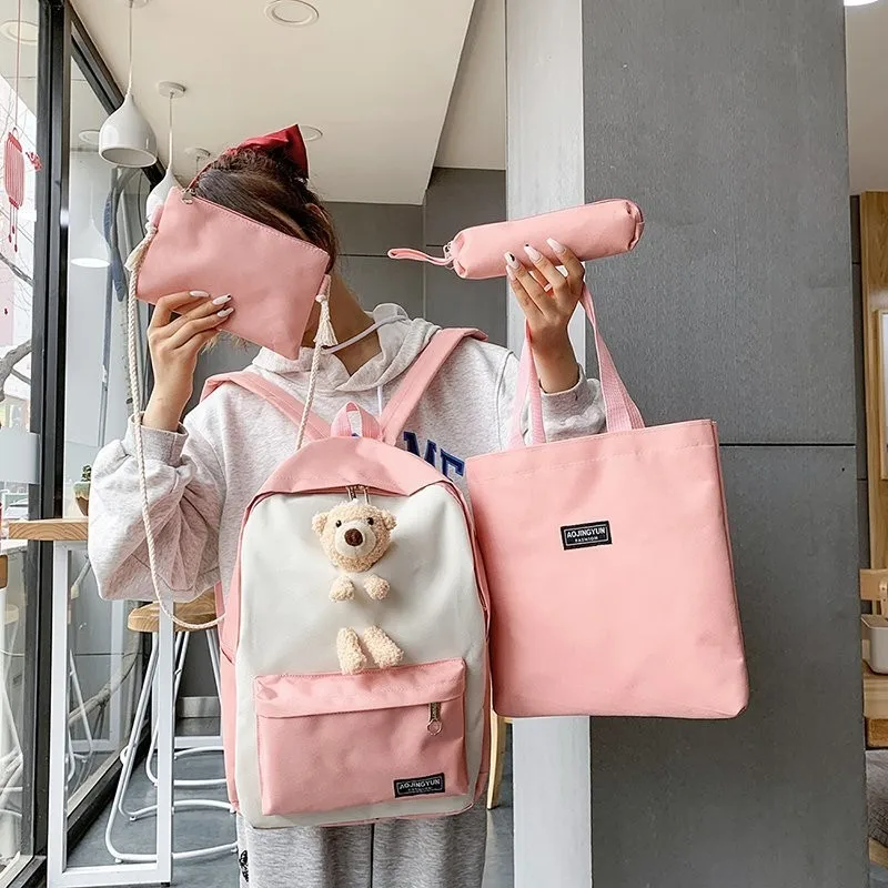 

4 Pcs Sets Canvas School Bags For Teenager Girls Student Women Backpack Bookbag Casual Classical School Backpack