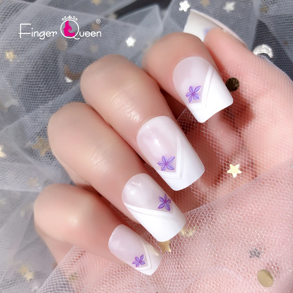 

Glossy Carved Fake Bails Full Coverage Color Wearable Fake Nails Short White 24pcs Square Head Fake Nails Purple Flowers Drawing
