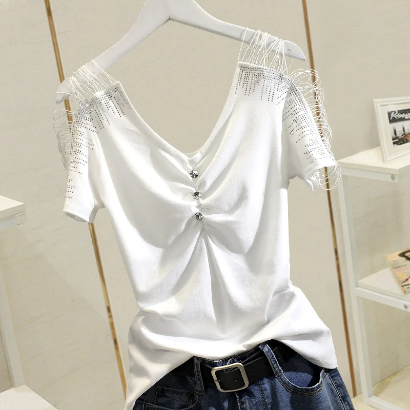 Футболка женская с V-образным вырезом пикантная белая блестящая Облегающая