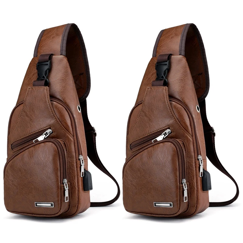 

2X Mini USB Interface Plenty Of Space Mens Casual Bag Fashion Outdoor Sling Bag Travel Day Pack PU Leather Light Brown