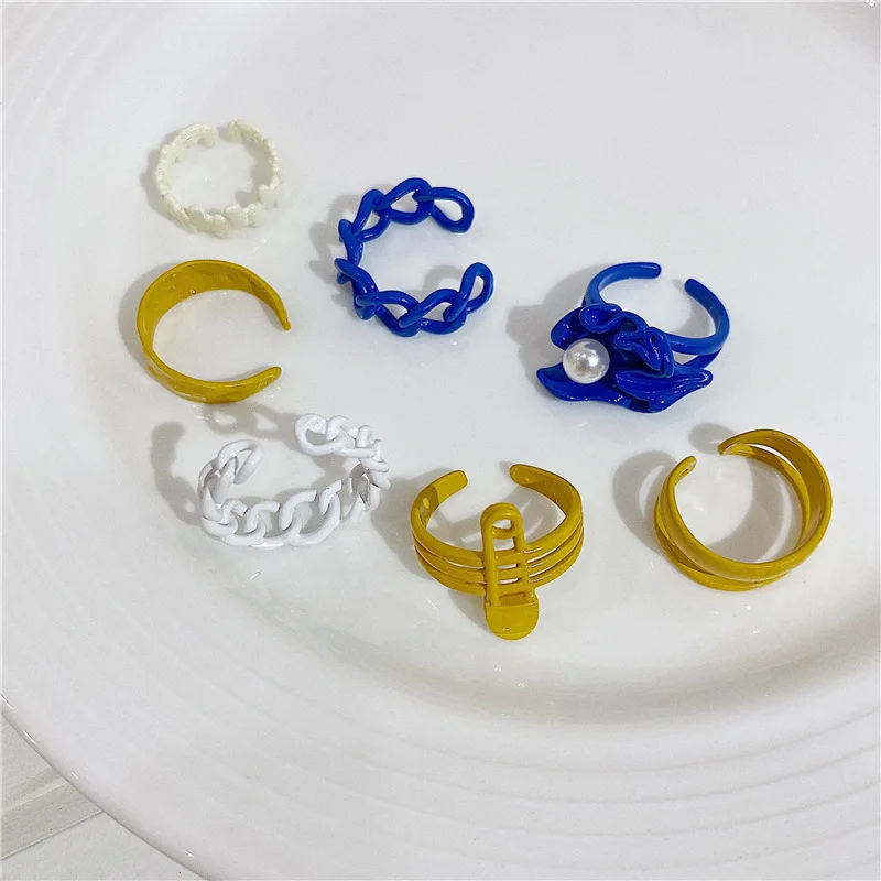 

Korean Punk Colorful Drip Glaze Hollow Geometric Chain Irregular Round Pin Open Finger Rings For Women Party Harajuku Jewelry