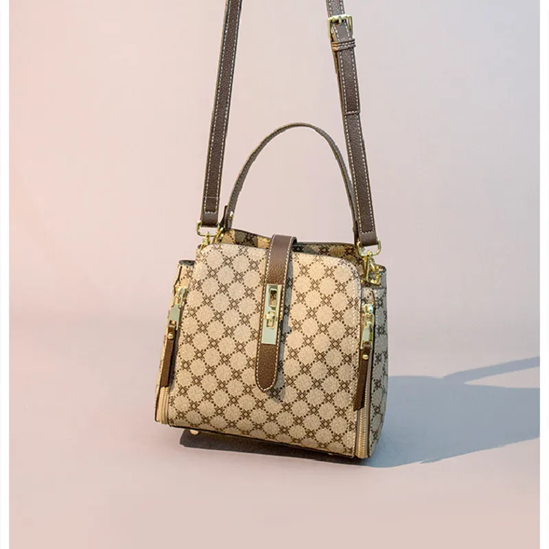 

Genuine Leather Women Buckets 2021 New Fashion High Quality Plaid One Shoulder Bags Ladies Famous Purses and Handbags Sac Luxe