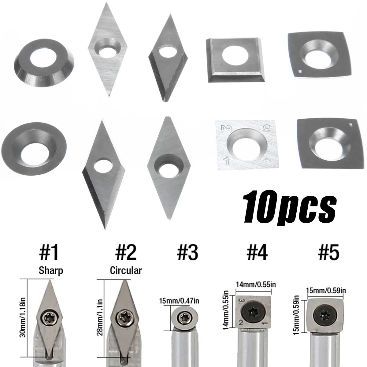 

10pcs Carbide Inserts Set Silver Cutter Bit Wood Turning Tool Accessories