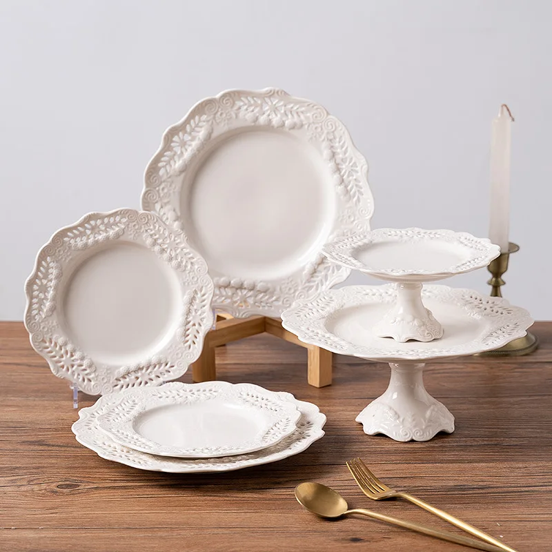 

Vintage Round Ceramic Cake Plate Home Dessert Pastry Plate Table Tableware Kitchen Steak Pasta Dish Kitchen Utensils Porcelain