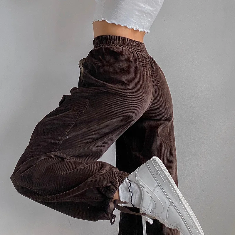 

WICCON Corduroy Pants Womne's Spring 2021 New Elastic High Waist Pocket Tie Foot Loose Female Solid Color Trousers
