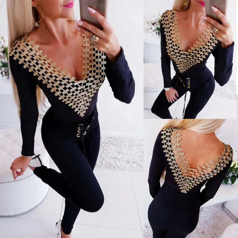 Женское элегантное боди знаменитостей ночной клубный вечерний комбинезон открытые Комбинезоны Черный сексуальный глубокий v-образный вырез длинный рукав топ одежда