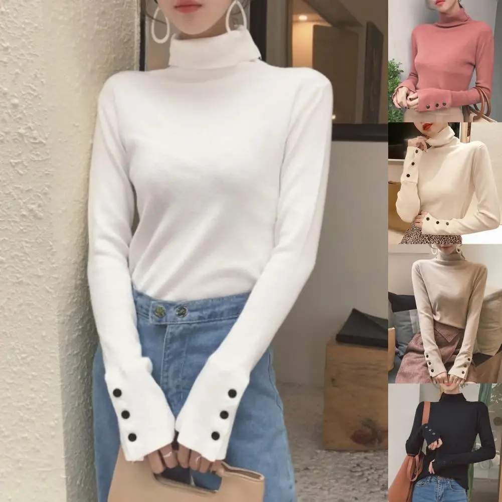 

Autumn Women Knitwear Long Sleeve Turtle Neck Buttons Cuff Knitwear Pullover Slim Basic Blouse Black One Size Female Tops 2021