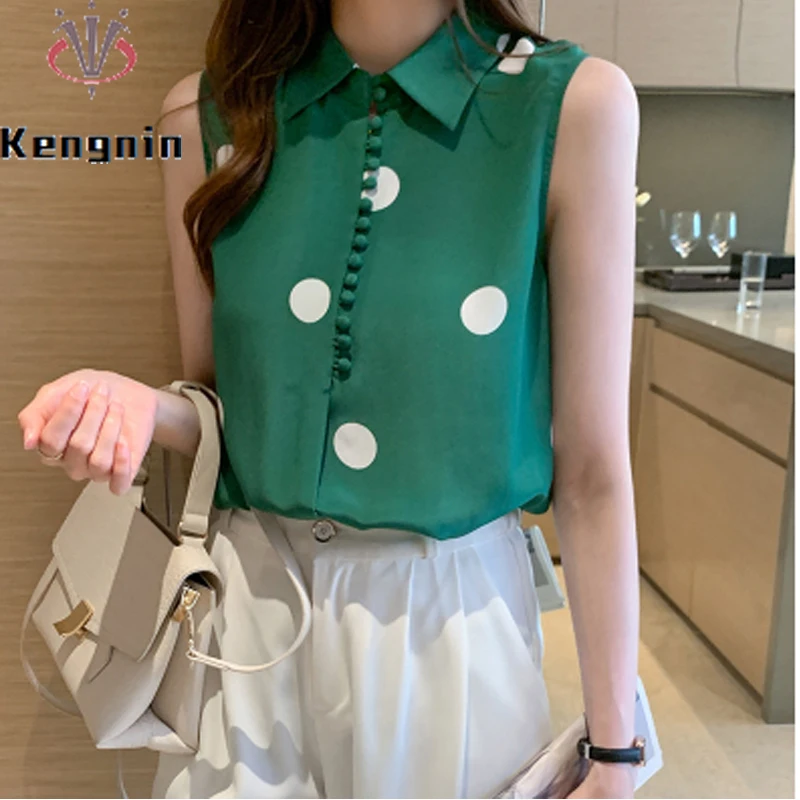 

2022 Summer Women's Blouse and Shirts French Style Sleeveless Female Tops Print Dot Chiffon Blause Office Lady Work Tops KE1477