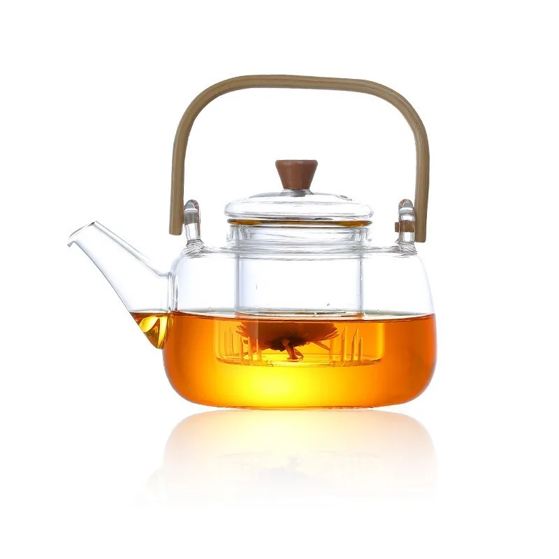 

Glass Teapot Heat-Resistant Borosilicate Glass Teapot Boiling Teapot Thickened Bamboo Handle Teapot Household Tea Set WF