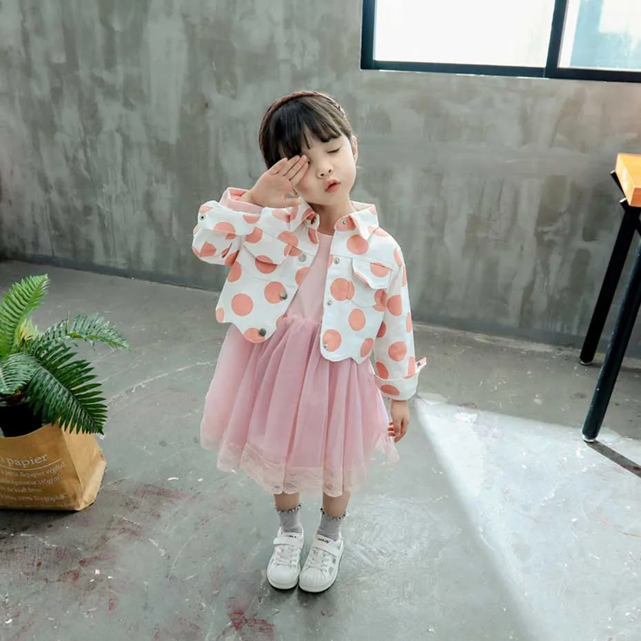 Новинка одежда для маленьких девочек куртка в горошек и платье стиле пэчворк