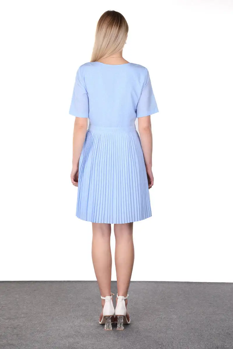 

Blue Pleated Rib Detailed Short Sleeve Womens Dress