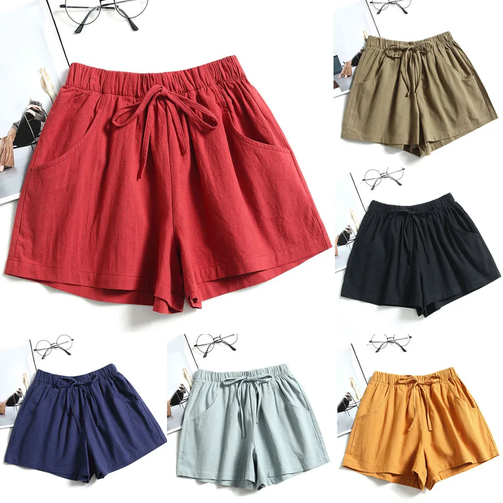 Летние свободные Шорты на шнуровке Женские удобные однотонные повседневные с