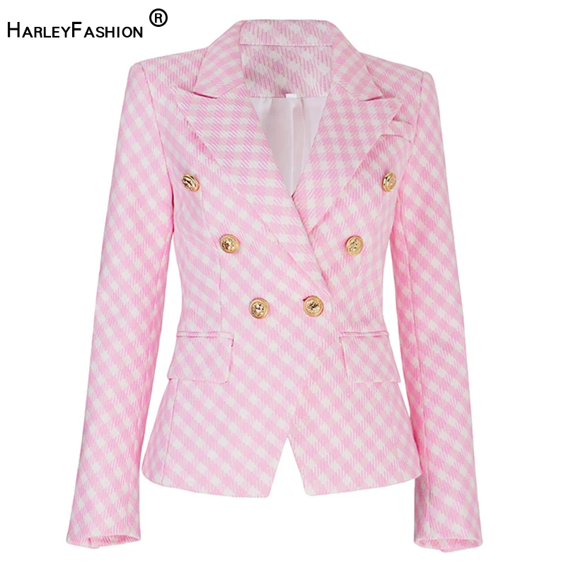 HarleyFashion New Winter Warm Tweed Fabric Luxury Designer Plaid Pattern Street Pink Thick Jacket Women Blazers