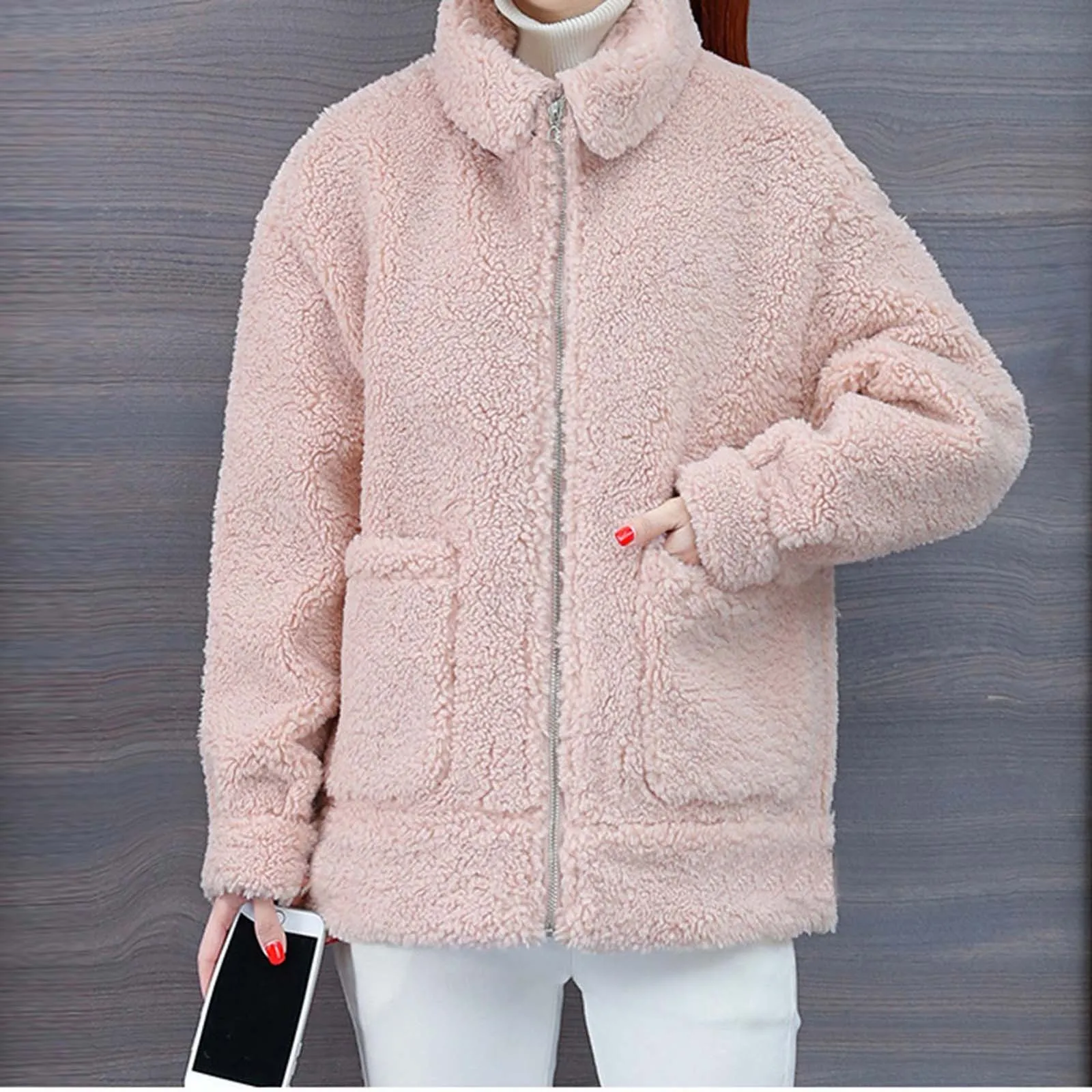 

Women's Winter Warm Jacket Casual Faux Fur Solid Color Coat Pockets Zipper Plush Fleece Female Jacket Outwear Chaqueta Mujer