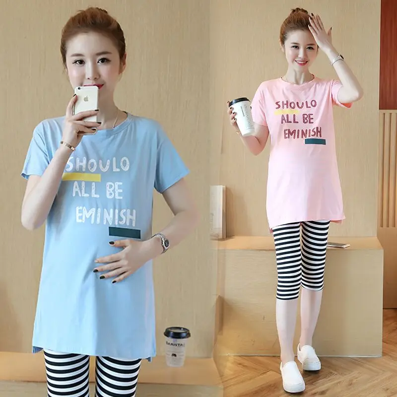 566 # беременности и родам одежда летняя футболка с круглым вырезом + штаны костюмы