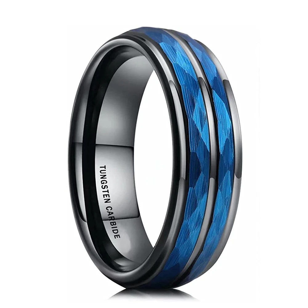 

6MM Mens Blue Hammered Tungsten Carbide Ring With Polished Stepped Edges Multi-Faceted Men Engagement Ring Anniversary Gifts