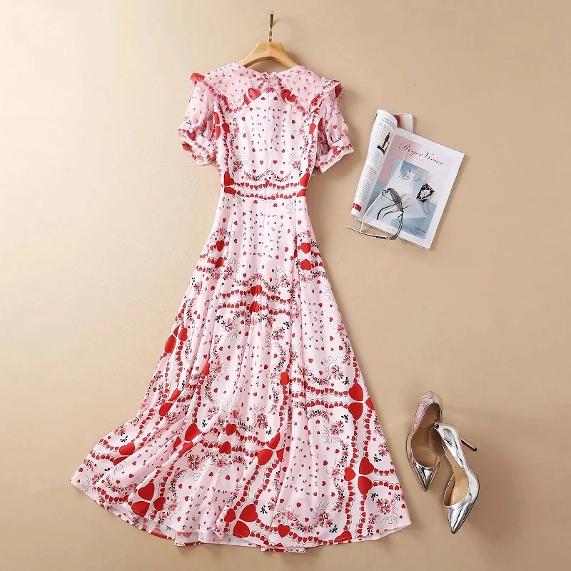 

2021 Summer Fashion Silk Dress High Quality Women O-Neck Sweetheart Print Appliques Flower Deco Short Sleeve Pink Dress Vestidos