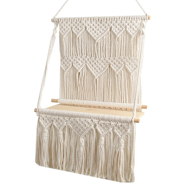 

G2AA Woven Wood Shelf Tapestry Storage Rack Tassel Wall Hanging Boho Macrame Rope Shelving Home Decorations Bedroom Hand Knotted