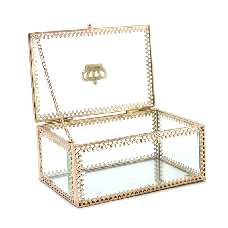 

Gold Vintage Glass Box Bracelet Keepsake Jewelry Display Rectangle Box with Lid