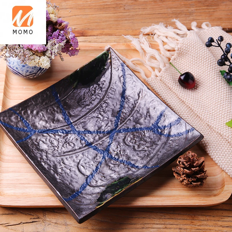 

Tableware Hand-Painted Square Plate Hotel Creative Barbecue Plate Retro Japanese Baking Dish Tempura Square Dinner Plate