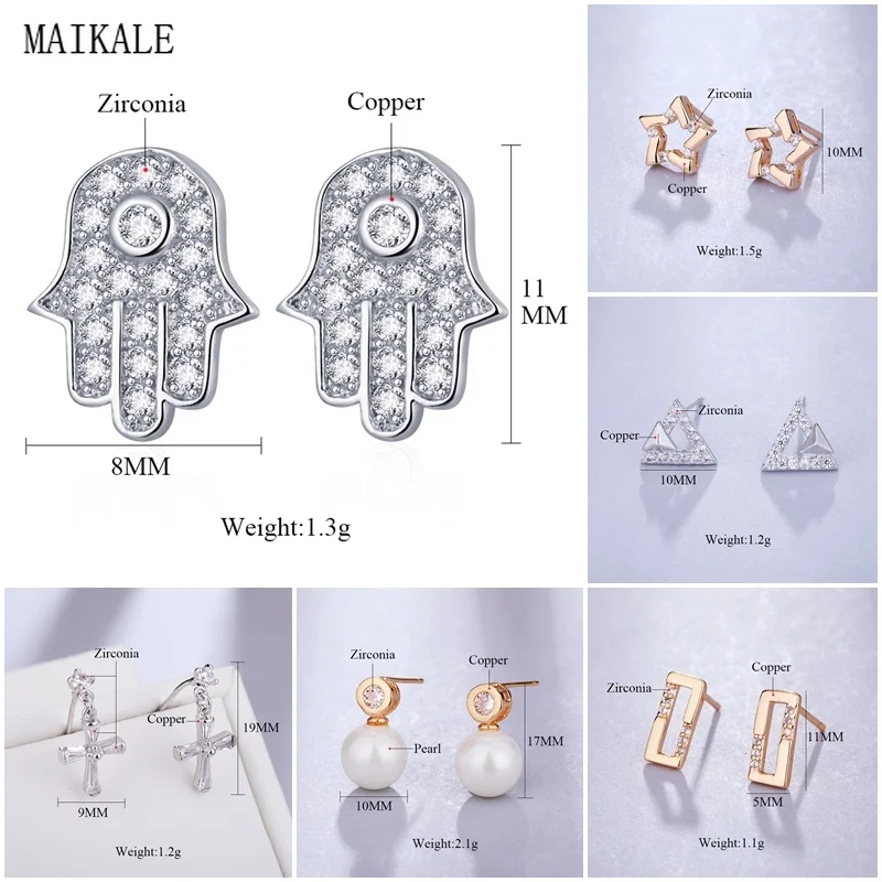 MAIKALE, очаровательные маленькие серьги-гвоздики, серьги в форме звезды/Креста/треугольника/руки, серьги в форме кубического циркония, жемчужные медные серьги для женщин, подарок для девушек