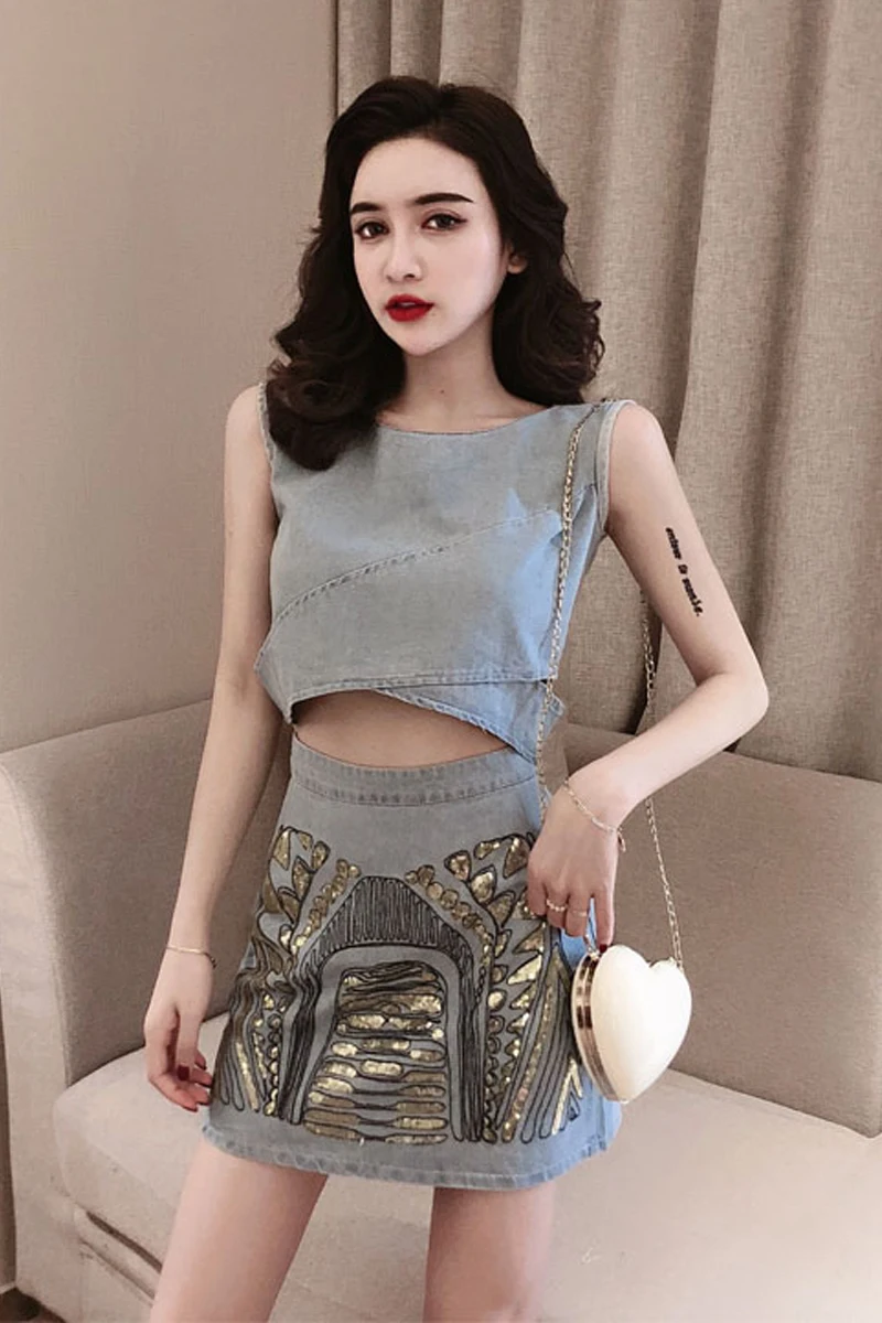 

Xinji suit net red fashion two pieces sexy short sexy navel Vest + high waist thin denim skirt