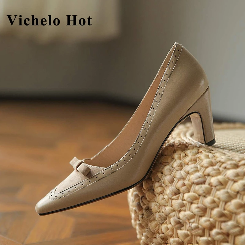 

Vichelo Hot genuine leather square toe shallow butterfly-knot gentlewomen Princess style fairy energy slip on women pumps L86