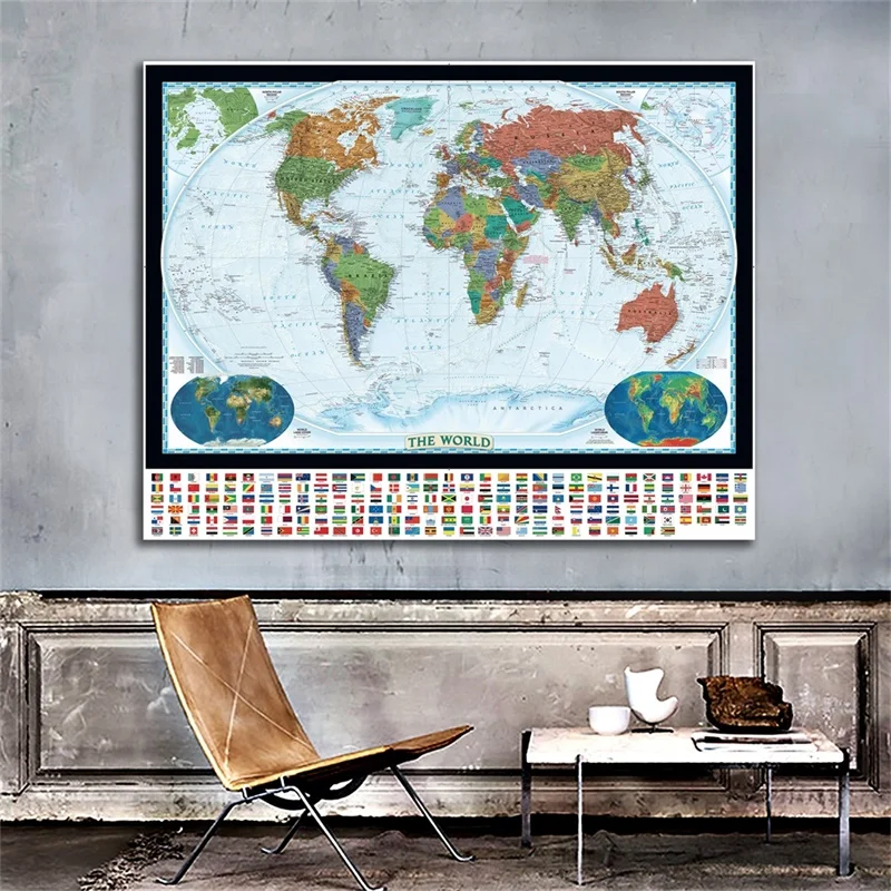 The World Map with National Flag Non-woven Canvas Painting Wall Art Poster Home Living Room Decor Education Supplies 150x100cm