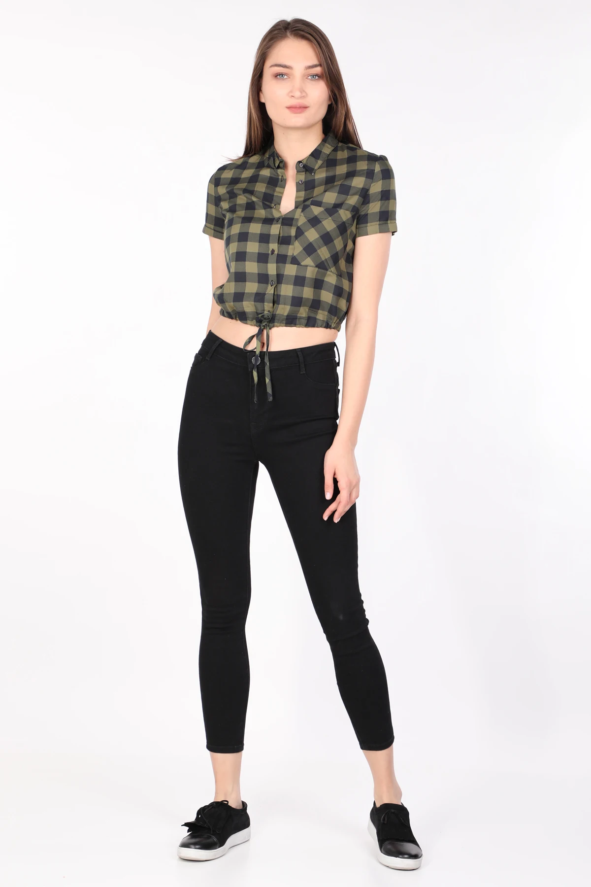 

Women Crop Plaid Shirt Khaki