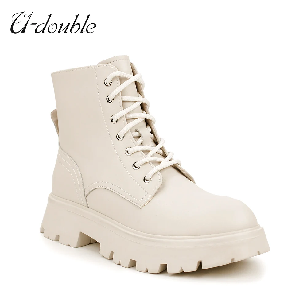

U-DOUBLE 2022 New Real Leather Women's Ankle Boots Big Size 42 Lace-up Martin Boots Autumn Winter Warm High Quality Ladies Boots