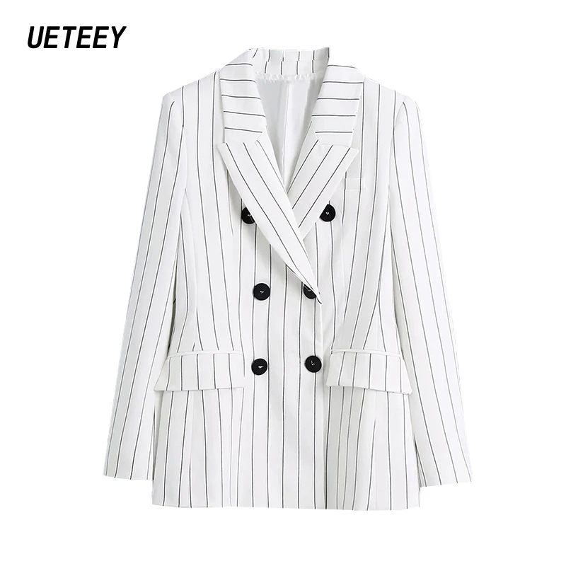 

Women's Blazers Pockets Long Sleeves Jackets Striped Suits Office Ladies Sets Button Female Outerwears Fashion Za Spring Skinny