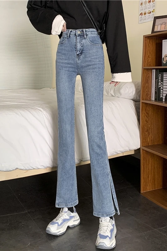

Split micro trumpet jeans women's wear spring and summer 2021 new high waist design feeling tight pants fashion Jeans woman