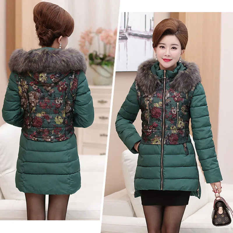 Abrigos mujer invierno, модный принт, зимний женский пуховик, хлопок, средней длины, куртка, парка с капюшоном, меховой воротник, утолщенное пальто