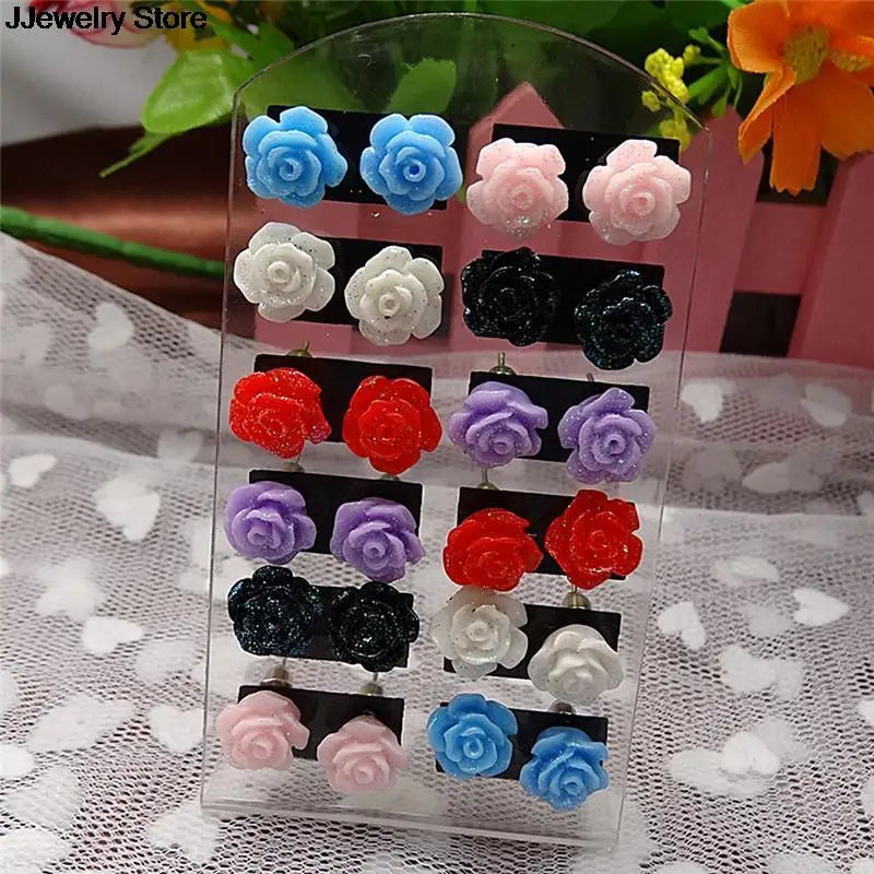 new 12 Pair Earring Pack Jewelry Fluorescent Colors Of Roses Earrings For Women Gift Mixed Lots Resin Rose Flower Stud Earrings