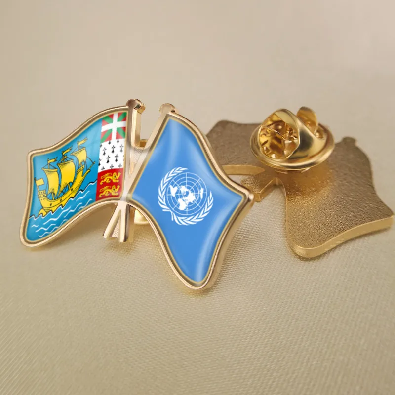 

United Nations and St Pierre and Miquelon Crossed Double Friendship Flags Brooch Badges Lapel Pins