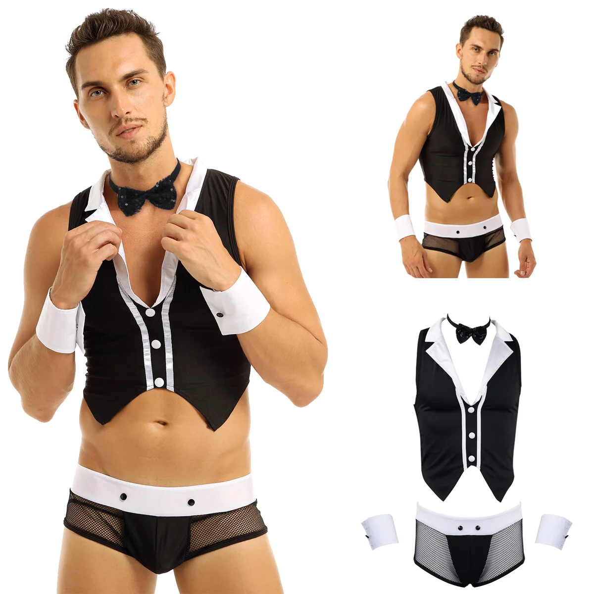 

Mens Sexy Maid Role Play Costume Waiter Cosplay Outfits Tee Tops Mesh Bulge Pouch Briefs with Collar Cuffs Erotic Lingerie Set