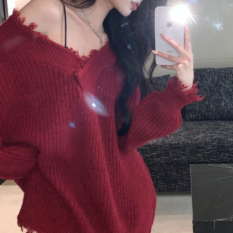 

Red Sweater Women's Autumn and Winter Irregular Design Sense Niche Fringed Mid-length Loose Long-sleeved Sweater Top