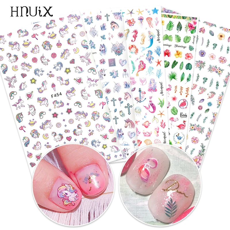 HNUIX, 1 шт., 3D слайдер для ногтей, наклейка, летнее Радужное перо, фламинго, наклейки, клей, маникюр, кончики, дизайн ногтей, украшения