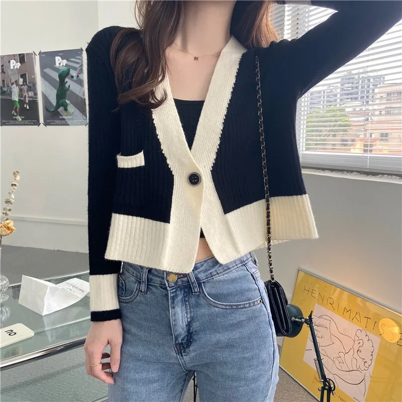 V-Collar Contrast Color Cardigan Sweater Gentle Knitwear Long Sleeve High Waist Top Autumn Women's Clothing 2021 Rac |