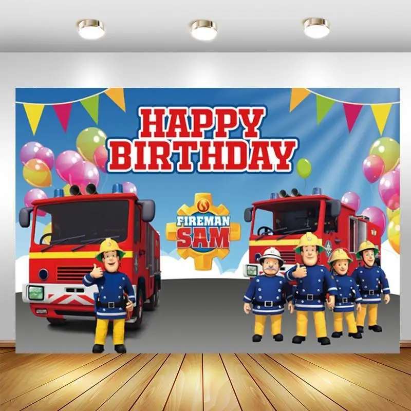 

Fireman Sam Photography Backdrop Baby Shower Boys Firefighter Engine Birthday Party Photo Background Prop Booth Decor Banner
