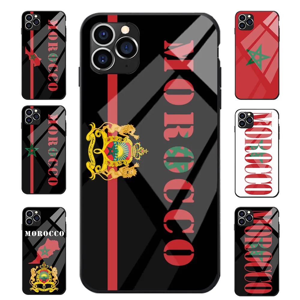 

Tempered Glass Back For iPhone 6 7 8 S XR X Plus 11 Pro Max Morocco National Flag Coat Of Arms Theme TPU Phone Cases
