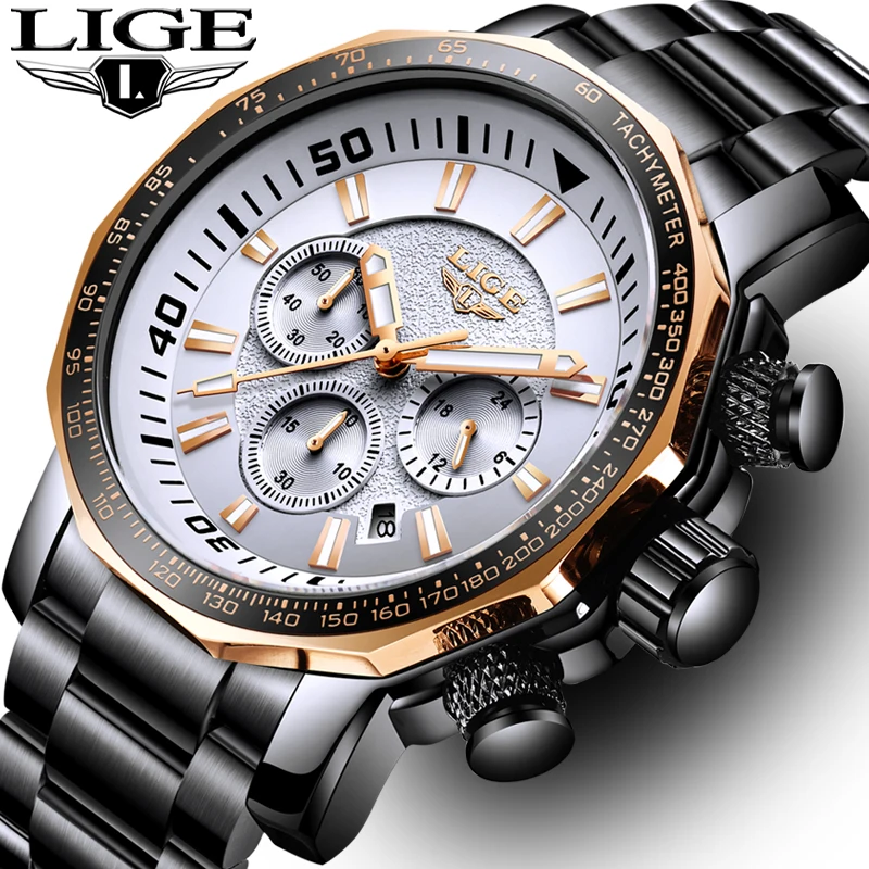 

Часы наручные LIGE Мужские кварцевые, модные брендовые полностью стальные деловые водонепроницаемые в стиле милитари, спортивные
