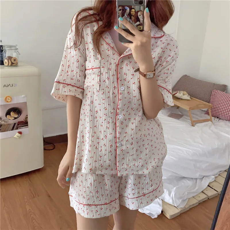

loose pure cotton summer women cherry print pajamas set sweet tops short sleeve two piece ladies casual home set sleepwear