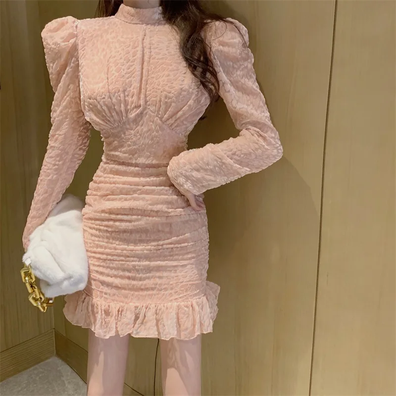 

Woman Dress Summer Teen Party Casual Satin Bodycon Mini Long Sleeve Bandage 2021 Fashion Sexy Pink Plus Size Lace Wrap Tulle
