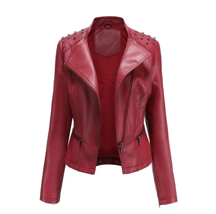 Женская байкерская куртка из искусственной кожи черная розовая с заклепками и