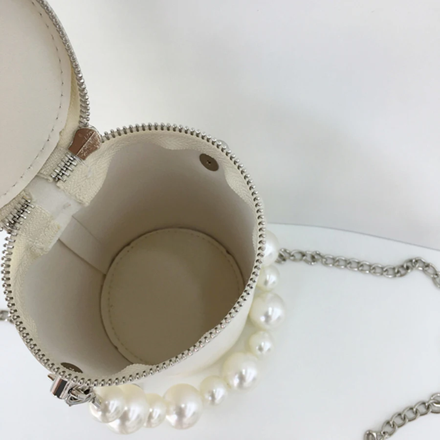

Barrel Pearl Chain Women Handbag PU Leather Solid Women's Bag Fashion Luxury Shoulder Bags Retro Crossbody Bags Bucket Purse