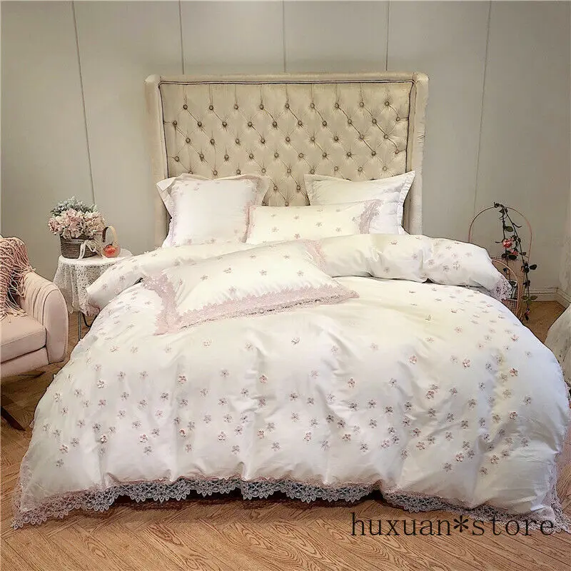 

Pink Lace Edge Duvet Cover Set Princess Style Bedding Tencel Silk King Queen New